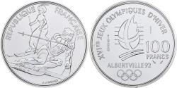 World Coins - France, 100 Francs, Albertville - Slalom, 1990, Monnaie de Paris, ESSAI, Silver