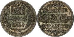 World Coins - Tunisia, Ahmad Pasha Bey, 20 Francs, 1935/AH1353, Paris, Silver,