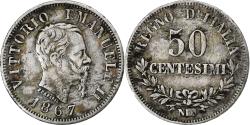 World Coins - Italy, Vittorio Emanuele II, 50 Centesimi, 1867, Naples, Silver,