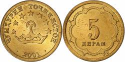 World Coins - Tajikistan, 5 Drams, 2001, St. Petersburg, Brass Clad Steel, , KM:2.2