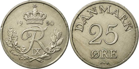 Coin, Denmark, Frederik IX, 25 Öre, 1950, Copenhagen, , Copper-nickel