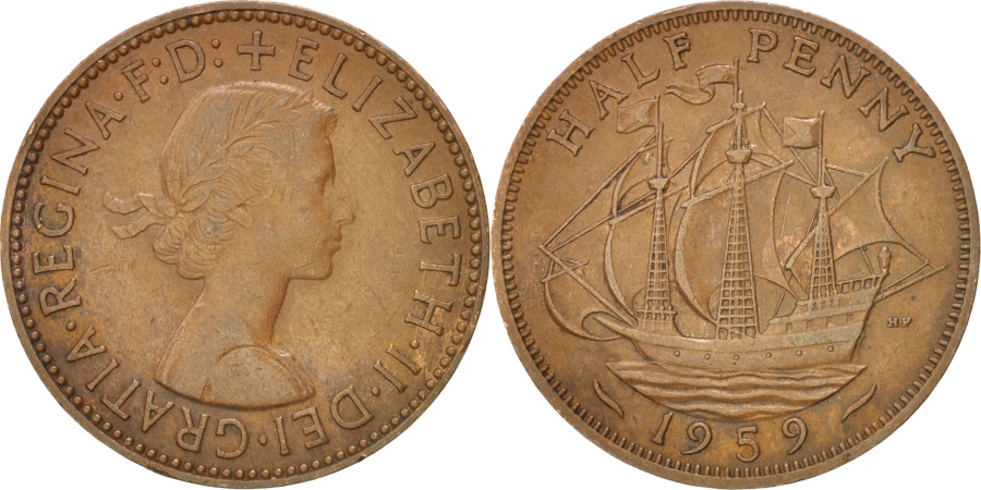 World Coins - Great Britain, Elizabeth II, 1/2 Penny, 1959, , Bronze, KM:896