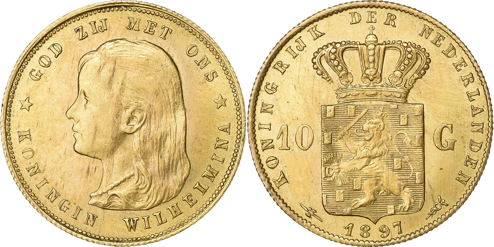 Netherlands, Wilhelmina I, 10 Gulden, 1897, Utrecht, Gold, AU(50-53), KM:118