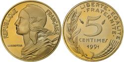 World Coins - France, 5 Centimes, Marianne, 1991, Paris, Proof, Aluminum-Bronze,