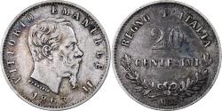 World Coins - Italy, Vittorio Emanuele II, 20 Centesimi, 1863, Milan, Silver,