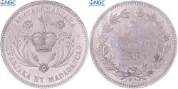 World Coins - Madagascar, Ranavalona III, 5 Francs, 1883, Paris, Pattern, Proof, Aluminum