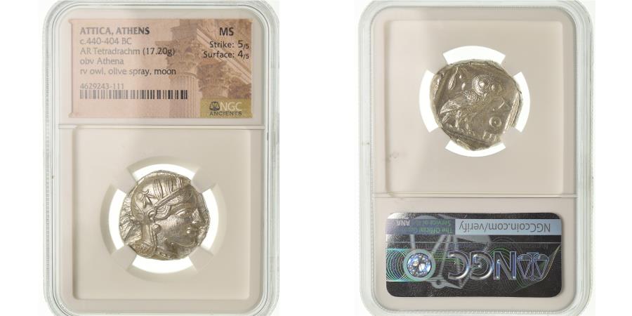 Ancient Coins - Coin, Attica, Athens, Tetradrachm, Athens, graded, NGC, MS, 5/5-4/5, Silver