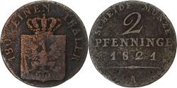 World Coins - Prussia, Friedrich Wilhelm III, 2 Pfenninge, 1821, Berlin, Copper,