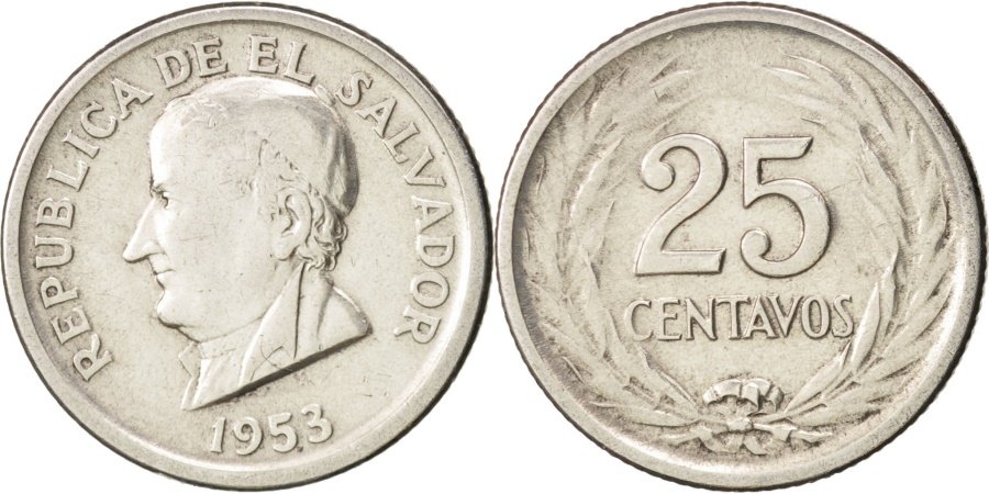 El Salvador Silver Coin 25 Centavos 1953  El Salvador 1953 25 Cents Silver Coin