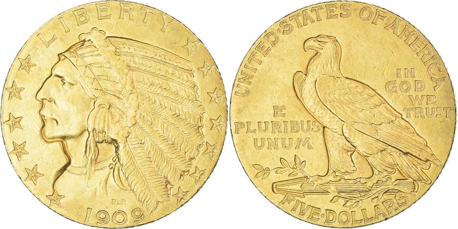 US Coins - Coin, United States, Indian Head, $5, Half Eagle, 1909, U.S. Mint, Philadelphia