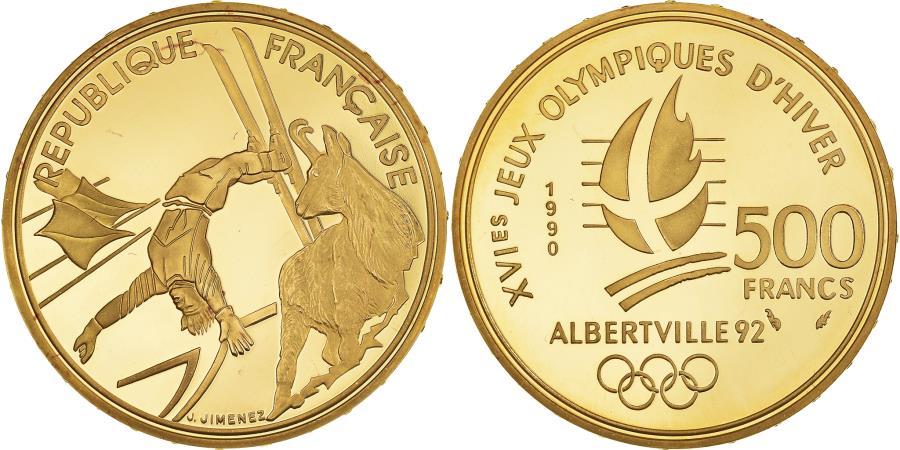 Coin, France, Albertville 92, ski, 500 Francs, 1990, Paris