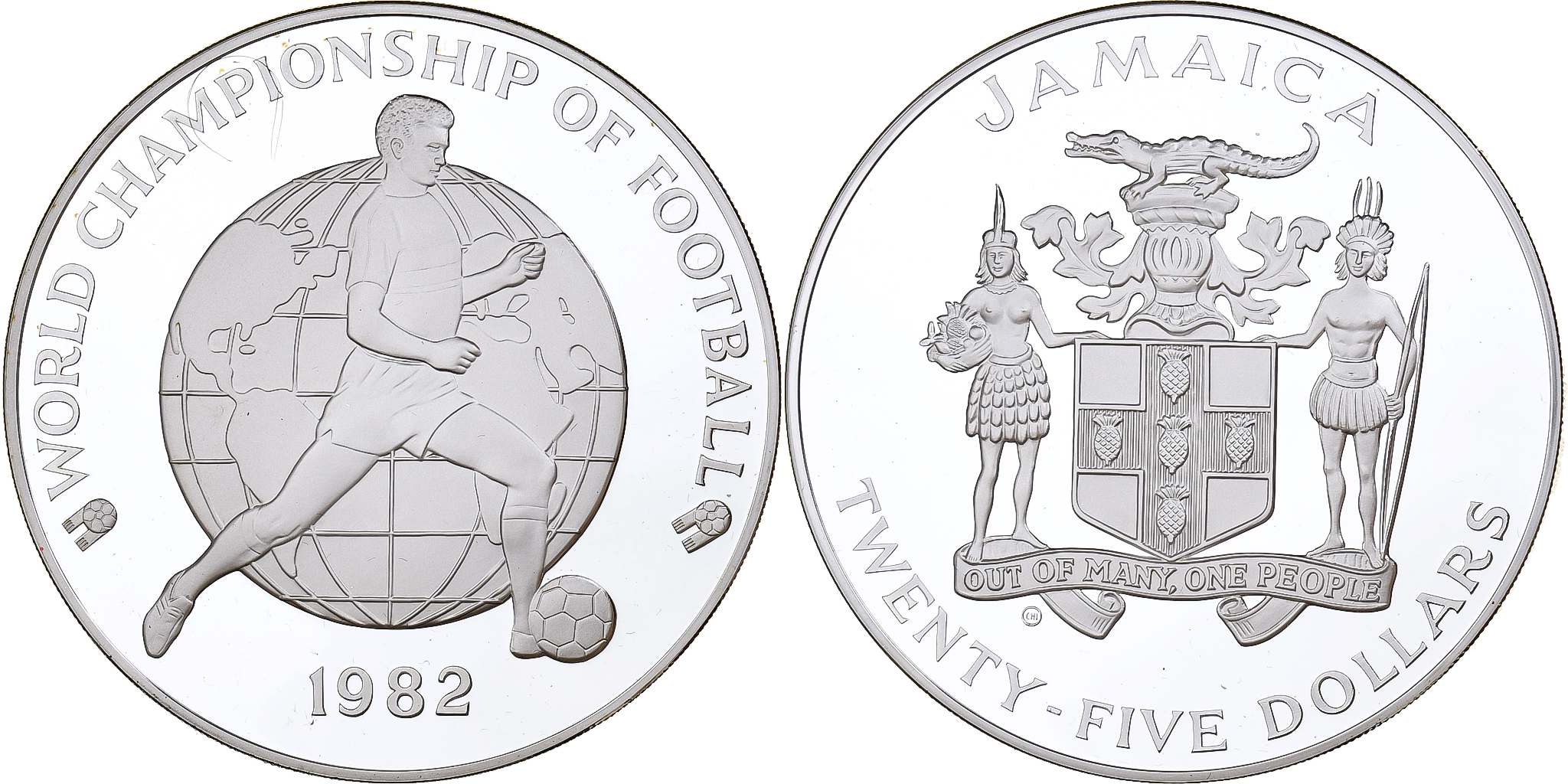 Jamaica, Elizabeth II, 25 Dollars, World Cup, 1982, Balerna, Proof