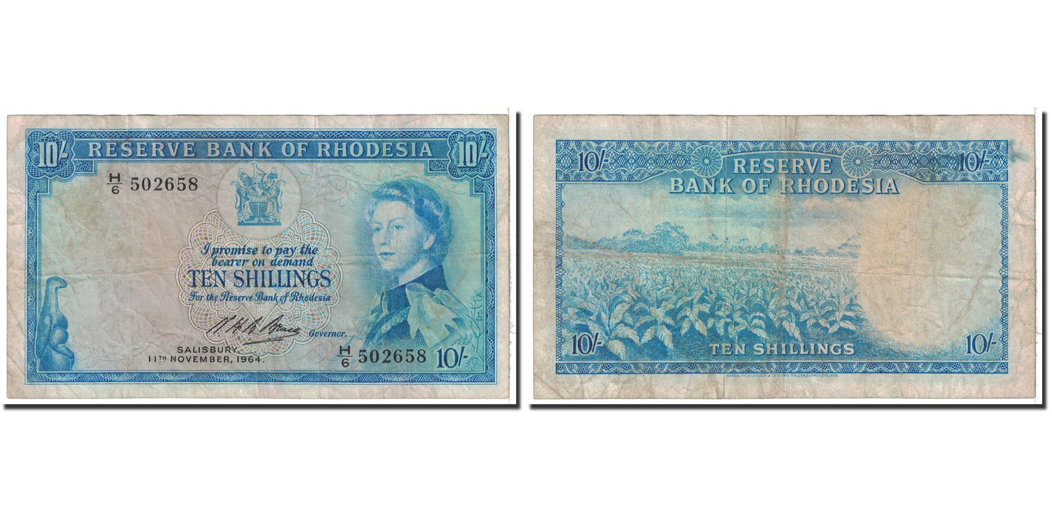 Rhodesia, 10 Shillings, 1964, KM:24a, 1964-09-11, VF(20-25