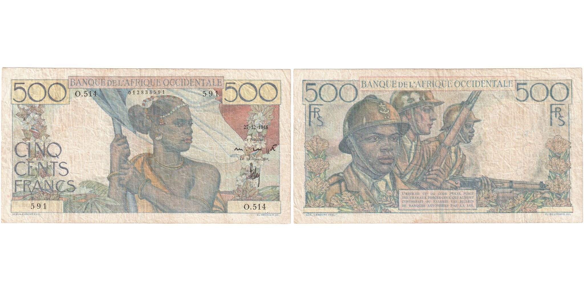 French West Africa, 500 Francs, 1948, 1948-12-27, KM:41, EF(40-45)