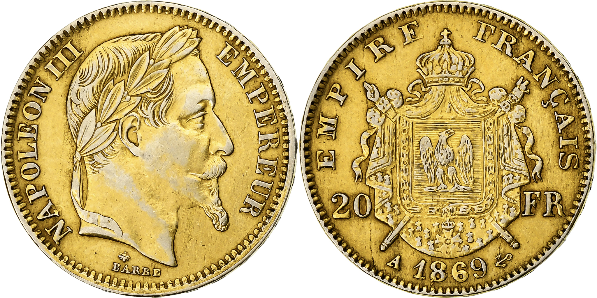 France, Napoleon III, 20 Francs, 1869, Paris, Platinum, | European