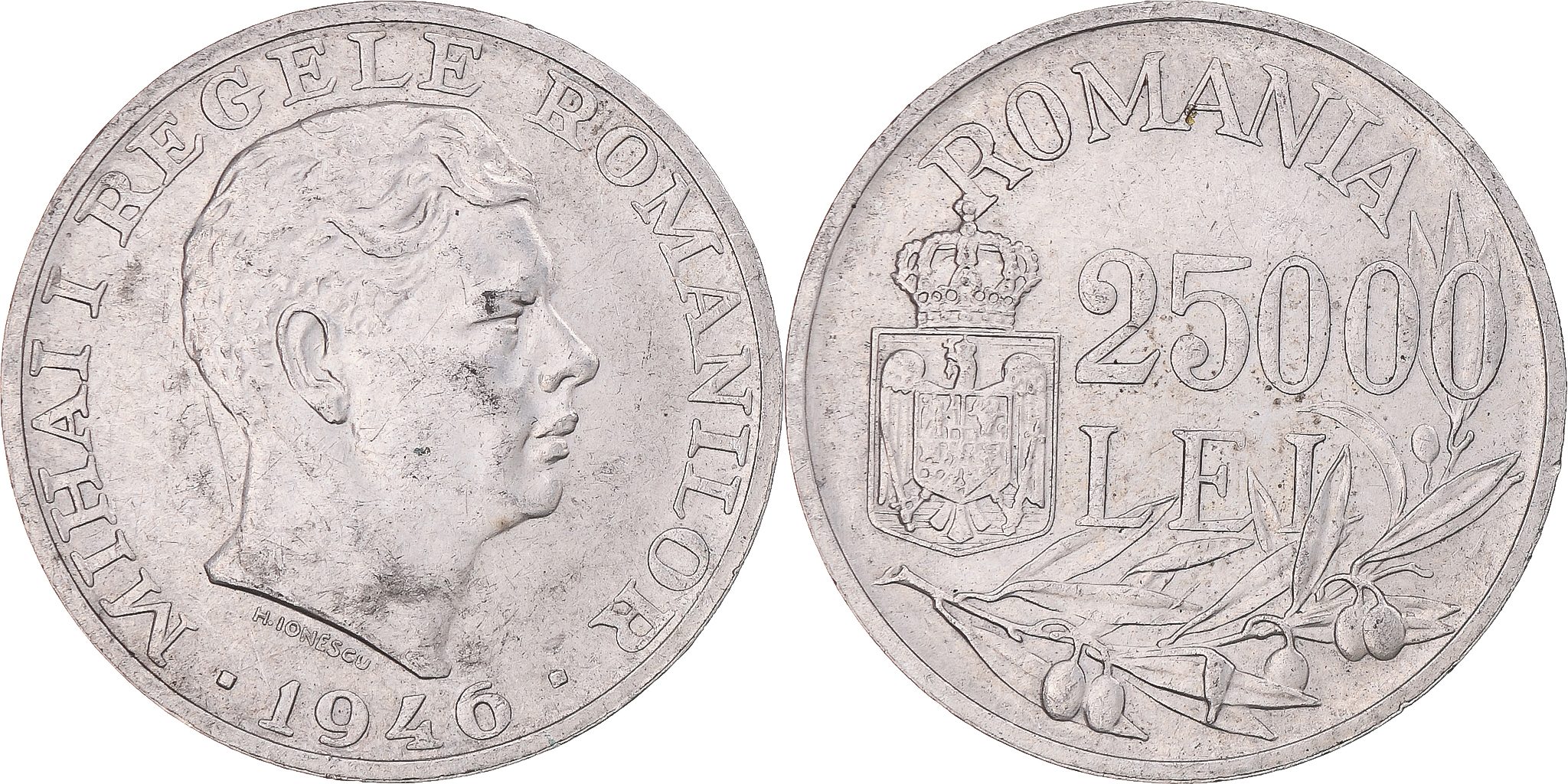 Coin Romania Mihai I 25000 Lei 1946 Bucarest Silver KM 70