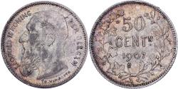 World Coins - Belgium, Leopold II, 50 Centimes, Vinçotte, 1907, Brussels, Silver,