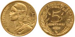 World Coins - Coin, France, Marianne, 5 Centimes, 1991, Paris, , Aluminum-Bronze