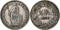 World Coins - Switzerland, 1/2 Franc, 1909, Bern, Silver, , KM:23