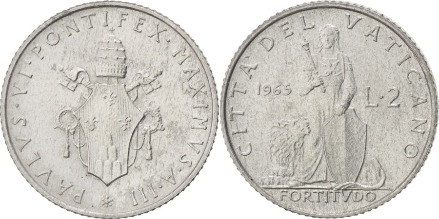 World Coins - VATICAN CITY, 2 Lire, 1965, KM #77.2, , Aluminum, 18, 0.78