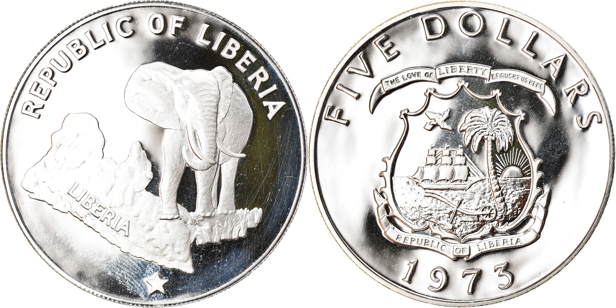 Coin Liberia 5 Dollars 1973 Proof Silver KM 29 African Coins