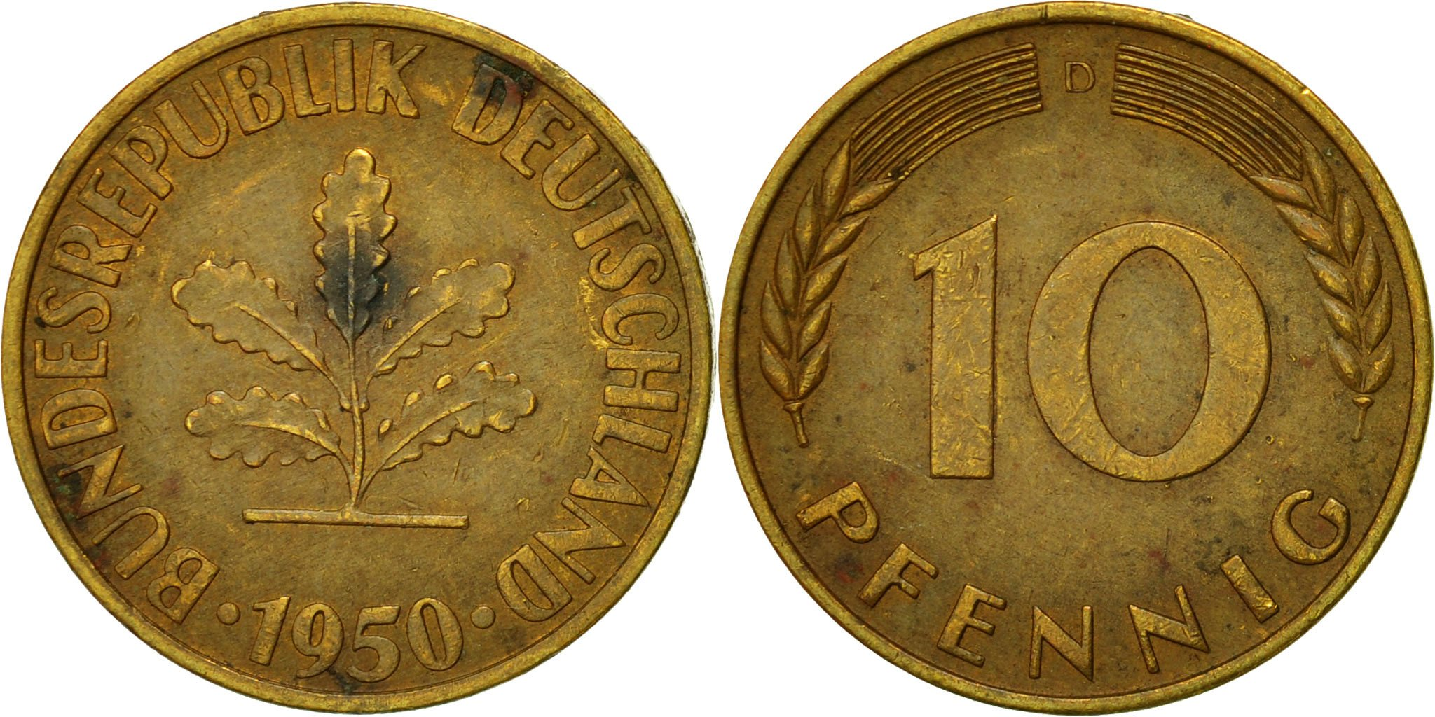 Coin, GERMANY - FEDERAL REPUBLIC, 10 Pfennig, 1950, Munich, , Brass