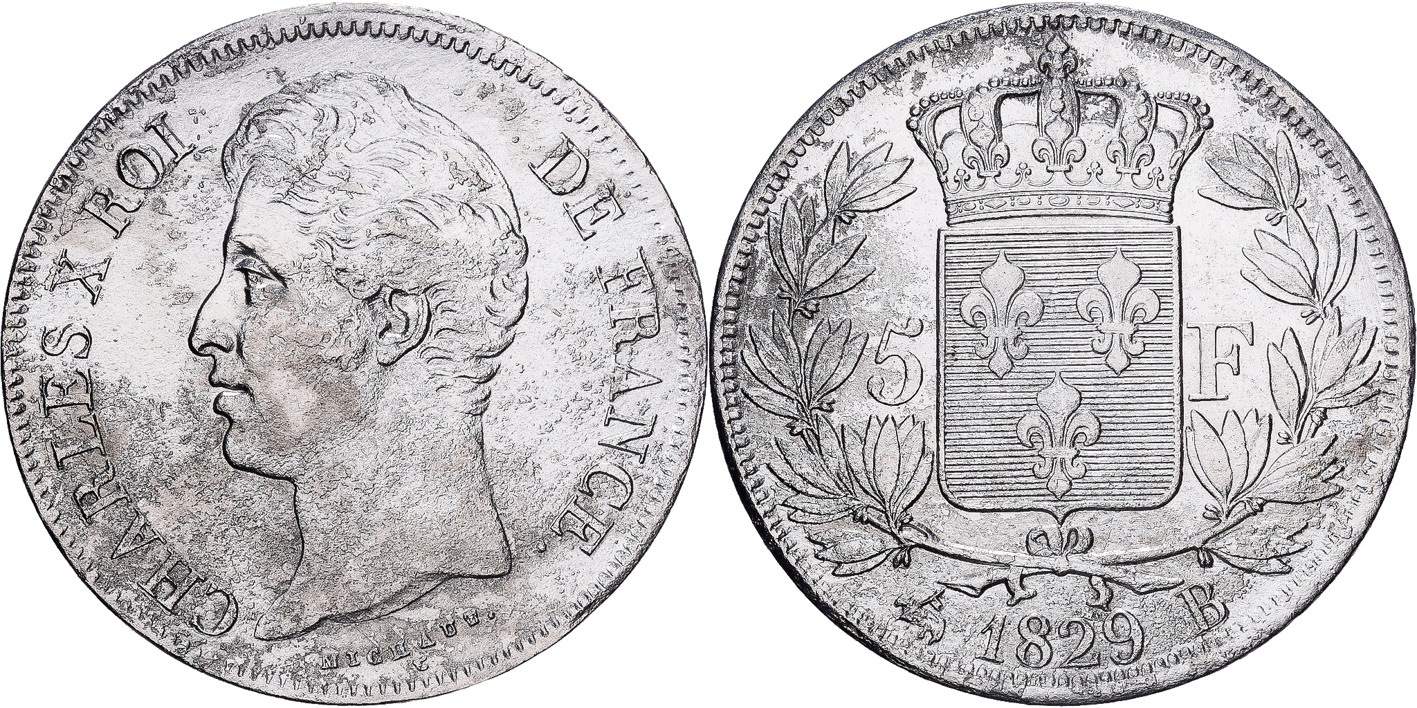 Franklin Mint フランスの 銀貨 de la Croix France, Charles X, 5 Francs, 1829, Rouen, Silver, , Gadoury:644