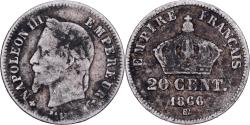 World Coins - France, Napoleon III, 20 Centimes, 1866, Strasbourg, Small flan, Silver
