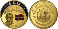 World Coins - Liberia, 5 Dollars, Ecu Denmark, 2001, Proof, Copper-nickel,