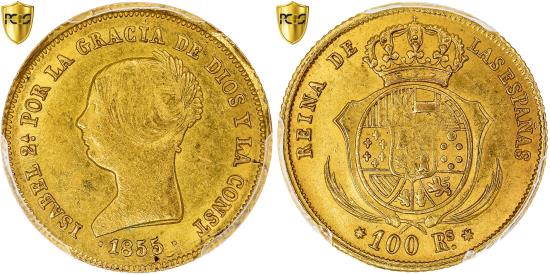 Spain, Isabel II, 100 Reales, 1855, Seville, Gold, PCGS, , KM:596.3