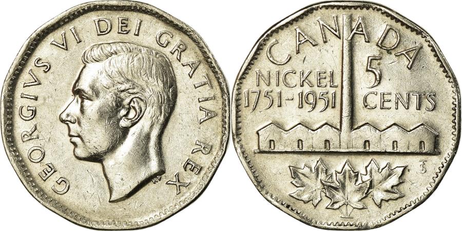1951 CANADA 5¢ KING GEORGE VI NICKEL COIN 