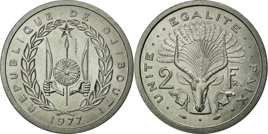 World Coins - Coin, Djibouti, 2 Francs, 1977, MS(65-70), Aluminium, KM:E2