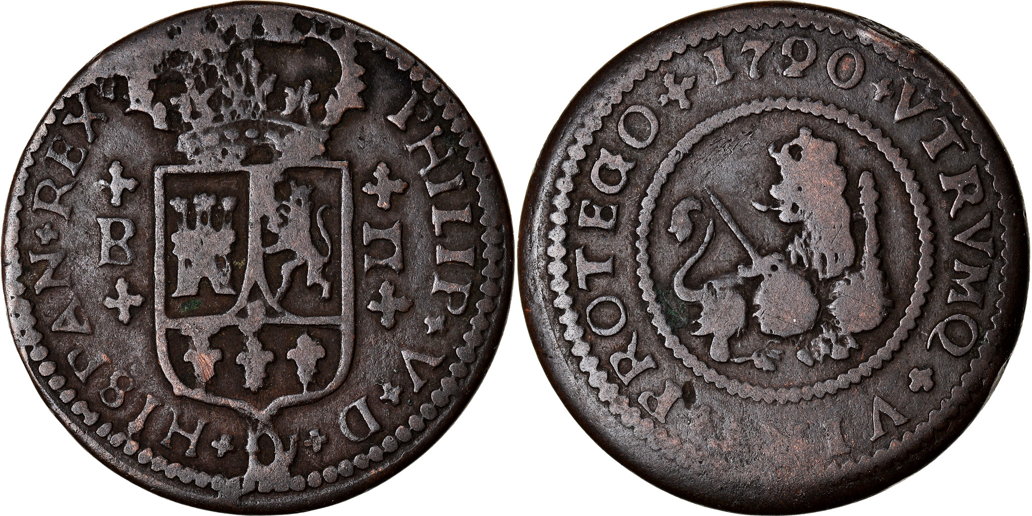 Monnaie Ancienne Espagne Philippe V - 2 Maravedis 1720 Barcelone Cuivre