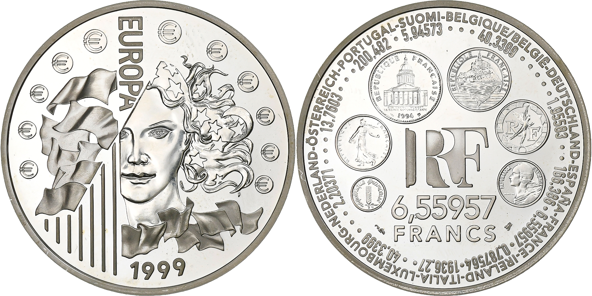 France, 6.55957 Francs, Europa, 1999, Paris, Silver, , KM:1255