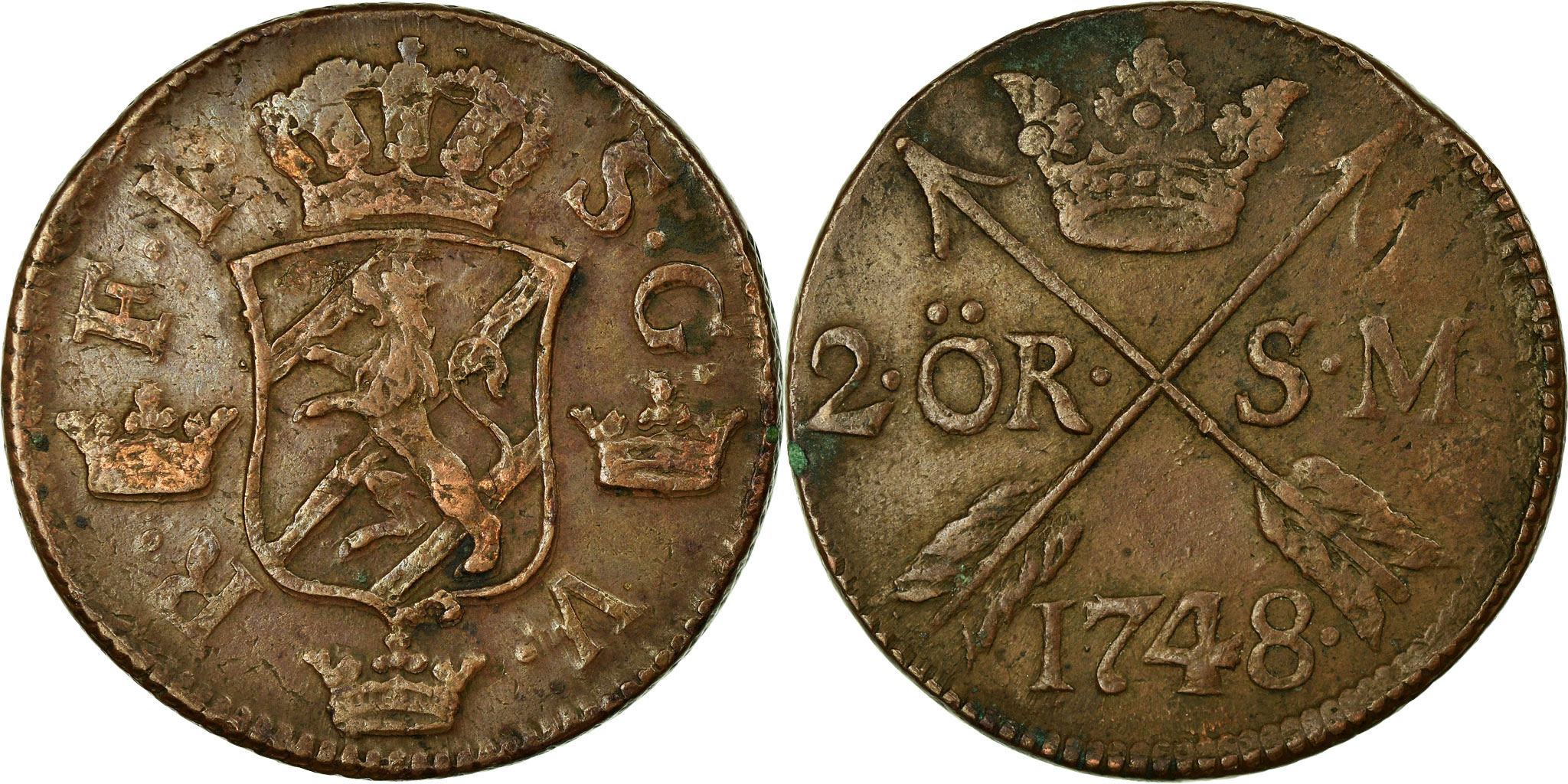 Coin, Sweden, Frederick I, 2 Ore, S.M., 1748, , Copper, KM:437