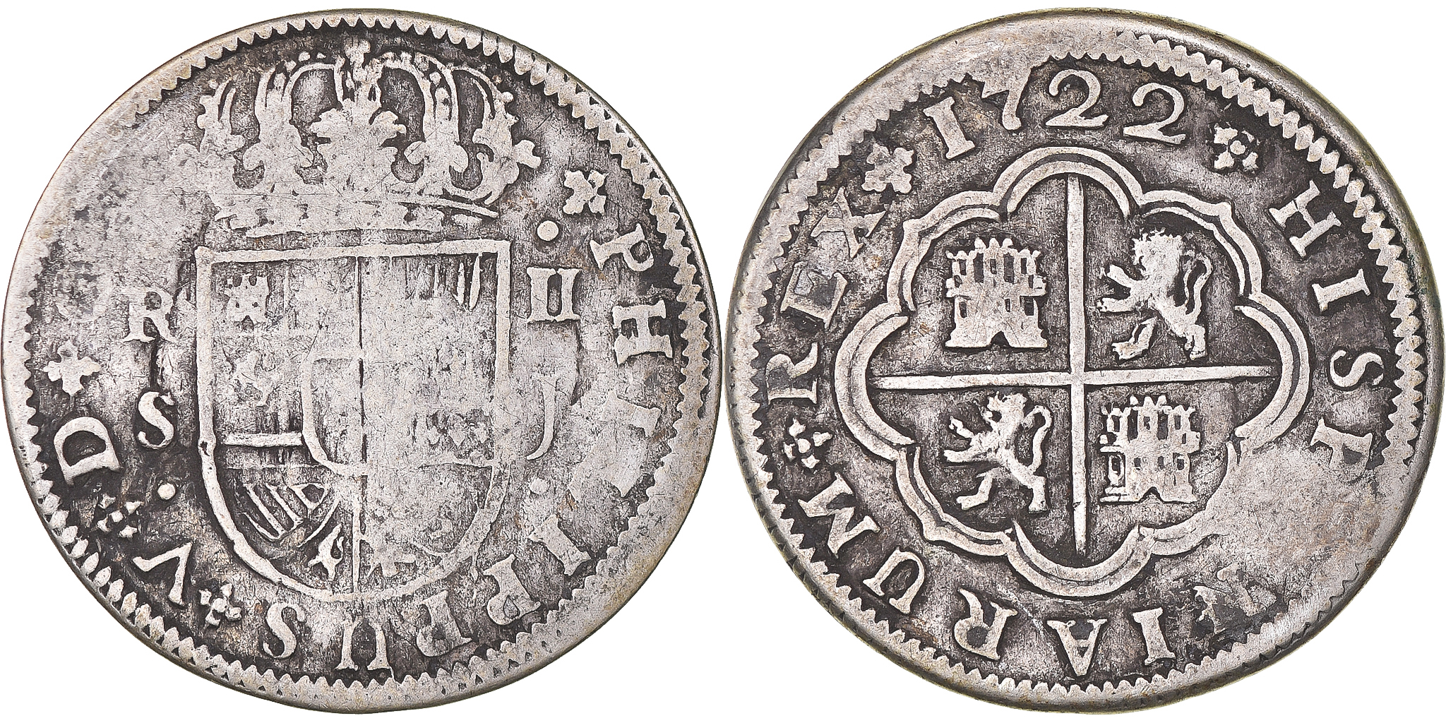 ベルタのモチーフ('83スペイン) Coin, Spain, Philip V, 2 Reales, 1722, Seville, , Silver, KM:307