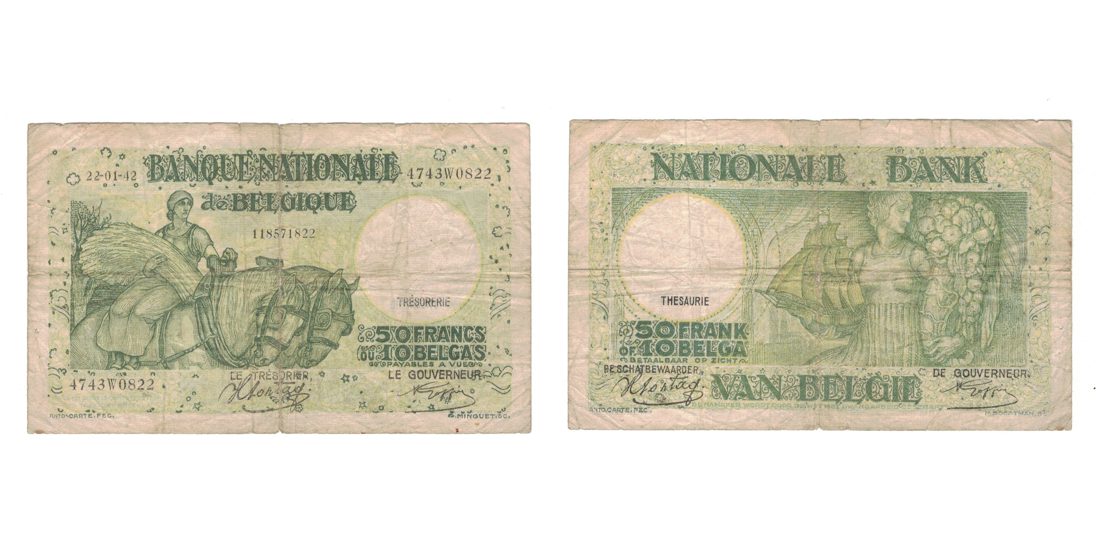 Banknote, Belgium, 50 Francs-10 Belgas, 1942, 22-1-1942, KM:106 ...