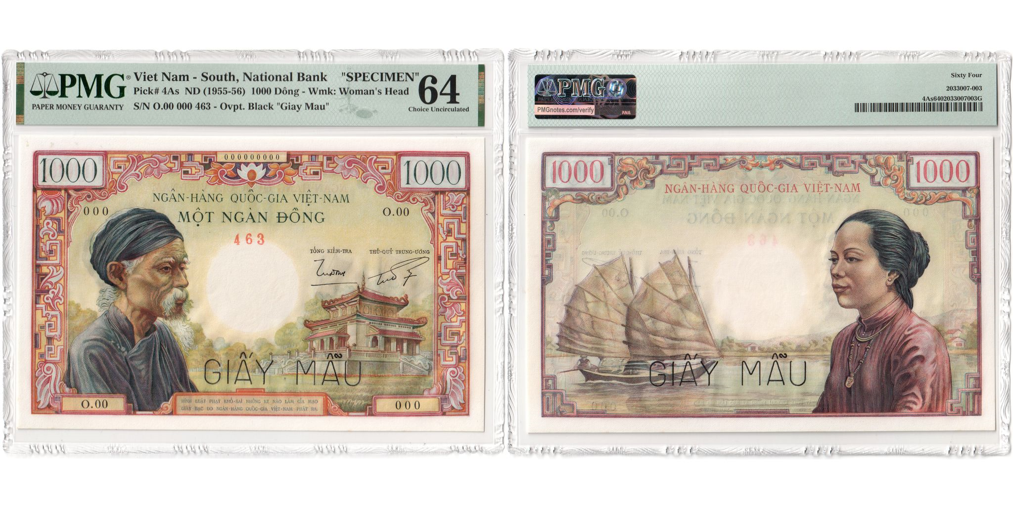 South Vietnam, 1000 Dông, n.d. (1955-1956), Specimen, UNC(64), PMG,