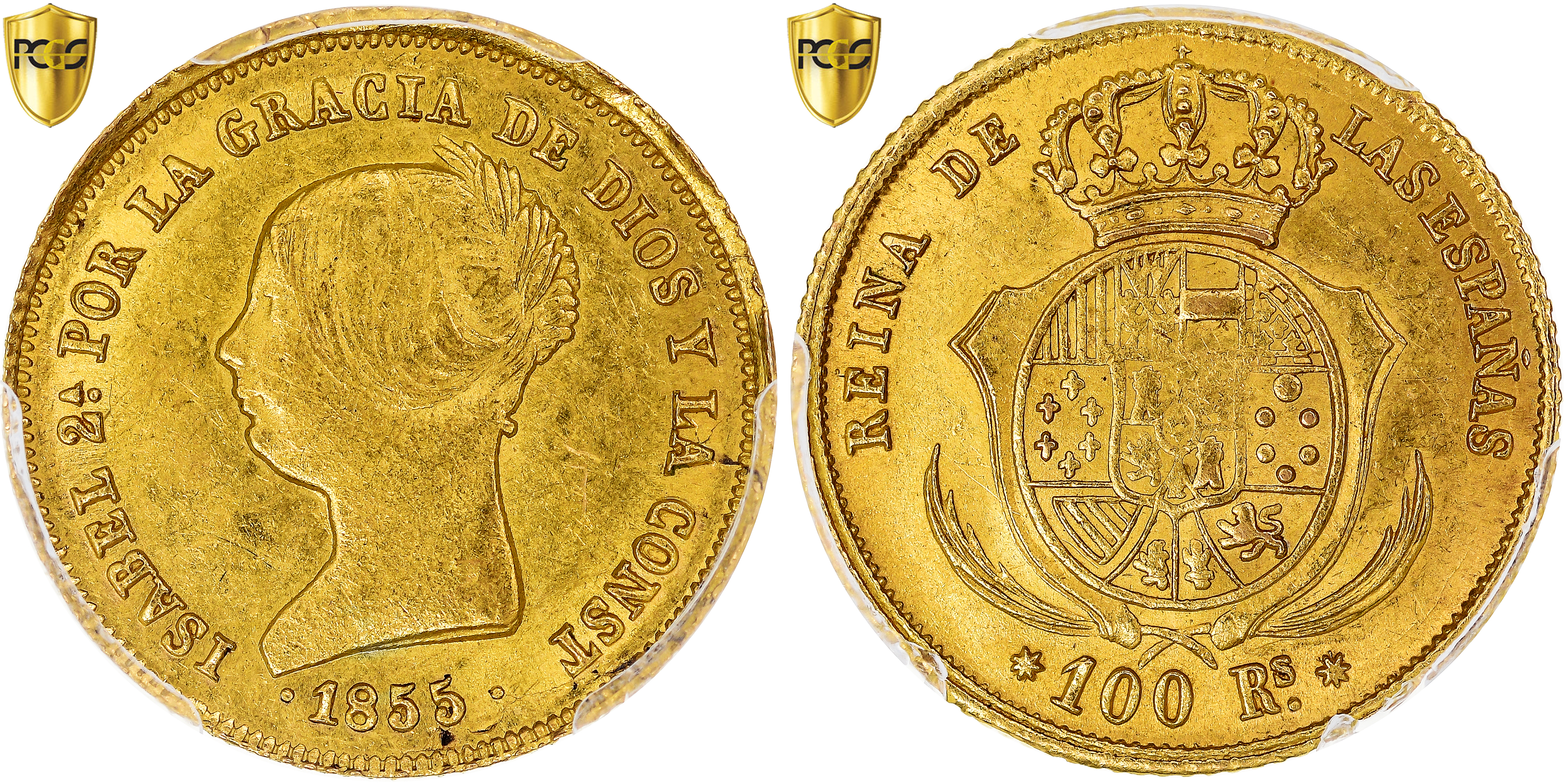 Spain, Isabel II, 100 Reales, 1855, Seville, Gold, PCGS, , KM:596.3