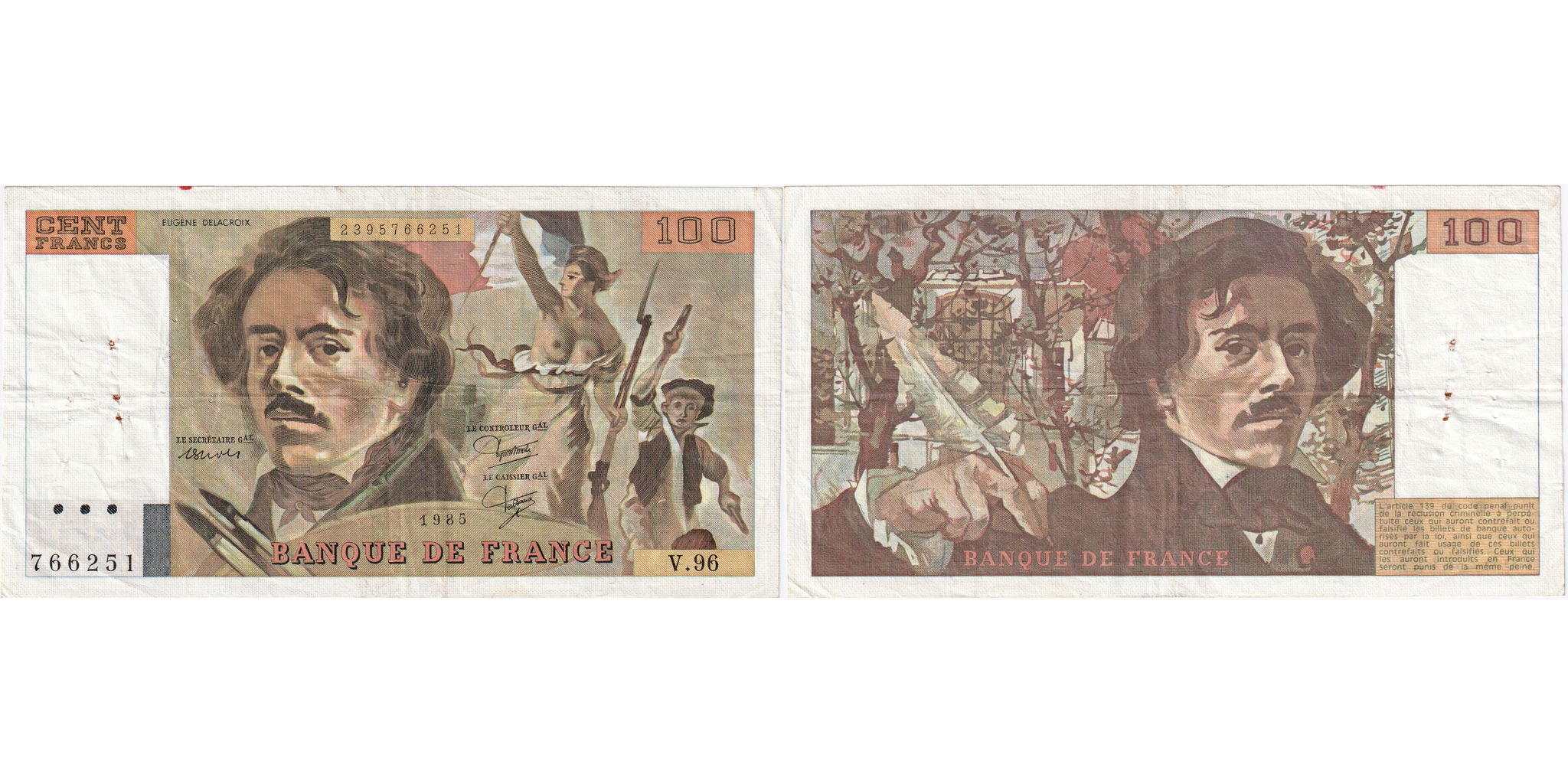 France, 100 Francs, Delacroix, V.96, EF(40-45) | World Paper