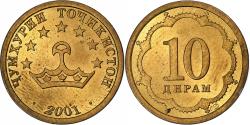 World Coins - Tajikistan, 10 Drams, 2001, St. Petersburg, Brass Clad Steel, , KM:3.2