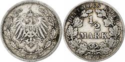 World Coins - GERMANY - EMPIRE, 1/2 Mark, 1908, Berlin, Silver, , KM:17