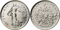 World Coins - France, 5 Francs, Semeuse, 2001, Monnaie de Paris, BU, Nickel Clad