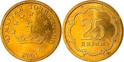 World Coins - Coin, Tajikistan, 25 Drams, 2001, St. Petersburg, , Brass, KM:5.1