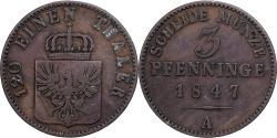 World Coins - German States, 3 Pfenninge, 1847, Berlin, Prussia, Copper,