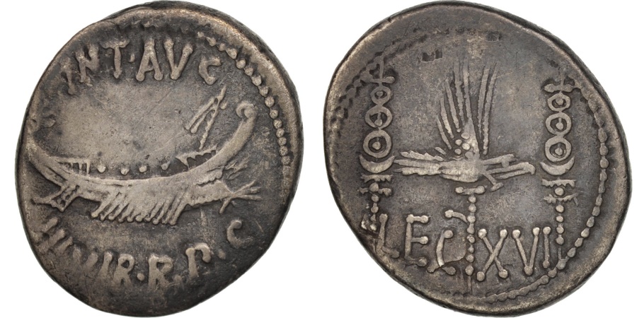 Ancient Coins - Marc Antony, Legionary Denarius, 32-31 BC, Patrae Mint, XVI Legion, Sear 372