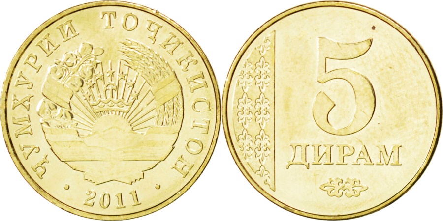 World Coins - TAJIKISTAN, 5 Dirams, 2011, KM #23, , Copper-Brass, 18, 1.98