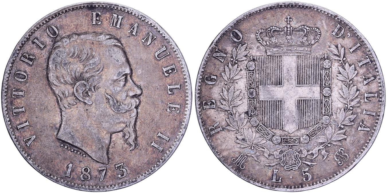貨幣 イタリア5リラ銀貨 1873ミラノ