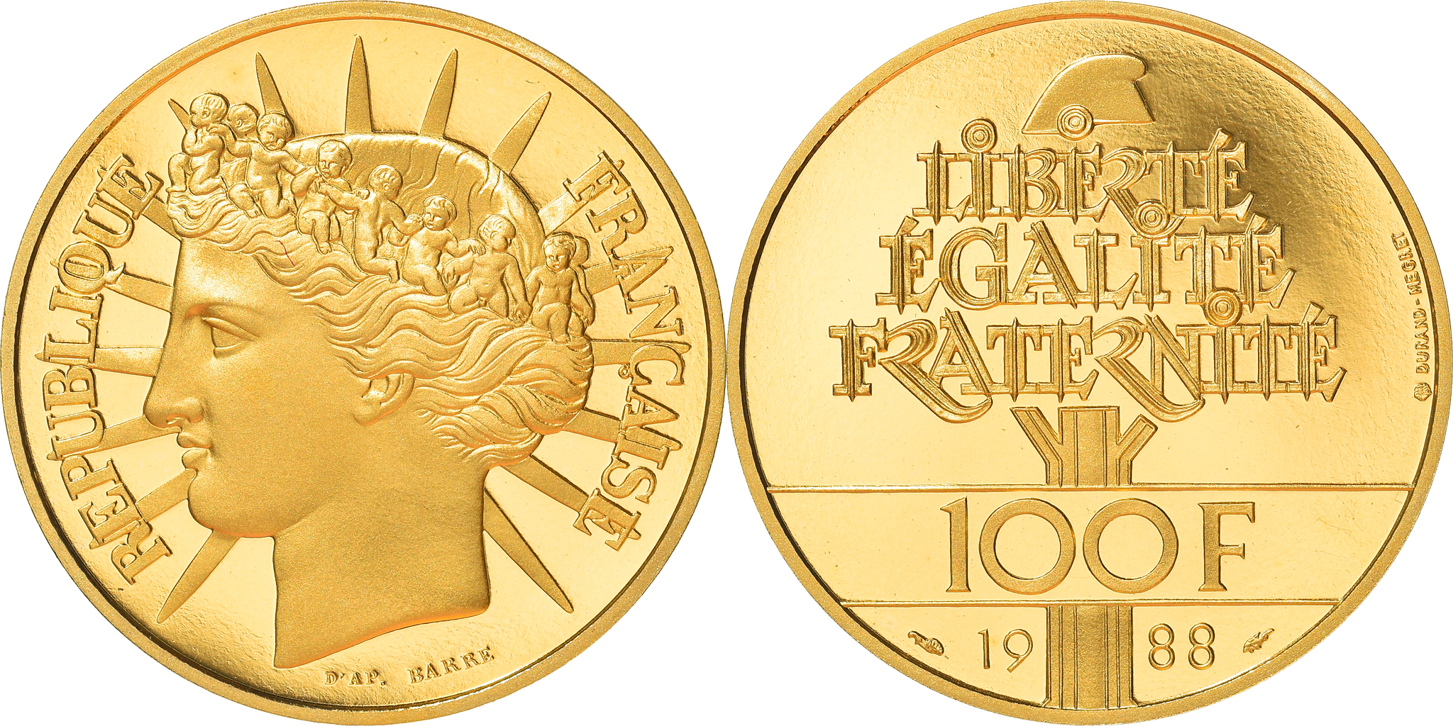 Coin, France, Fraternité, 100 Francs, 1988, Proof, , Gold Coin, France, Fraternité, 100 Francs, 1988, Proof, , Gold