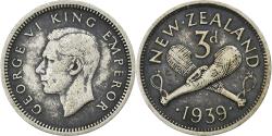 World Coins - New Zealand, George VI, 3 Pence, 1939, British Royal Mint, Silver,
